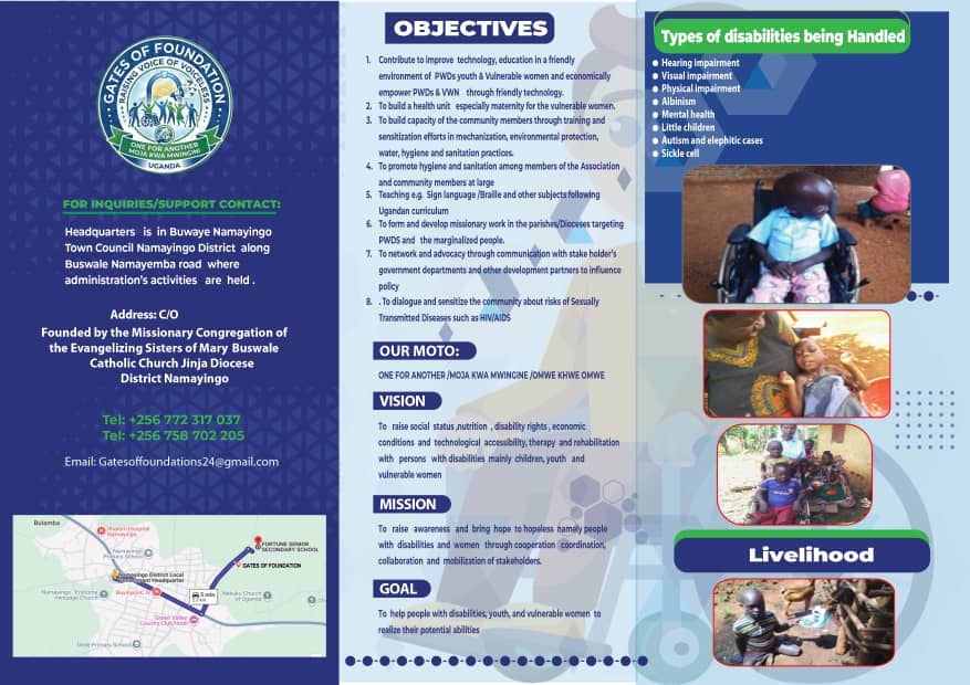 Gates of Foundation brochure with contact details and objectives